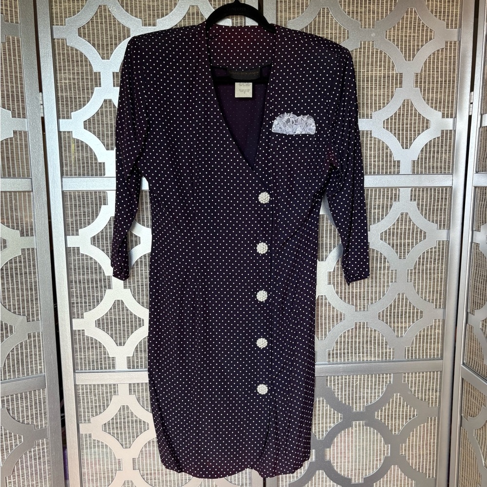 VINTAGE Blue and White Buttoned Dress with Cuffed 3/4 Sleeves With Shoulder Pads